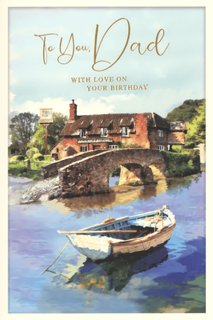 Celebrate Dad's special day with this truly charming birthday card from Simon Elvin. Featuring a beautiful, tranquil scene, this card captures the essence of a peaceful riverside retreat. A traditional pub and quaint stone bridge overlook calm waters, where a small boat gently rests, creating a picturesque and nostalgic feel.
The elegant gold foil lettering on the front reads "To You, Dad WITH LOVE ON YOUR BIRTHDAY," making it a heartfelt and thoughtful choice for any father. This card is perfect for retailers seeking high-quality, visually appealing designs that resonate with customers. Available in a convenient pack size of 1x6.