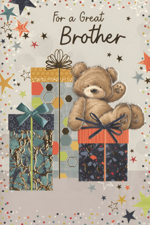This delightful greeting card, "For a Great Brother," is perfect for celebrating any special occasion. Designed by Simon Elvin, it features an adorable brown teddy bear sitting playfully atop a stack of beautifully wrapped gifts. The vibrant design is enhanced with a scattering of colourful stars and confetti, creating a truly festive feel. With its warm message and charming illustration, this card is an ideal way to show appreciation. Available in a convenient pack of 6, it's a must-have addition to your greeting card selection.