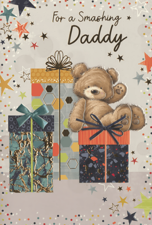Show your appreciation for a truly special dad with this delightful "For a Smashing Daddy" card, brought to you by Simon Elvin. This charming design features an irresistibly cute teddy bear, playfully sitting atop a vibrant gift box, surrounded by a shower of colourful confetti and twinkling stars. With two more beautifully wrapped presents adding to the festive scene, this card is perfect for celebrating birthdays, Father's Day, or any occasion to honour a fantastic daddy. Available in a convenient pack of 6, these cards are sure to bring a smile to your customers' faces.