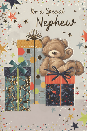 Celebrate your special nephew with this adorable greeting card from Simon Elvin. Featuring a charming brown teddy bear perched on a colourful gift, surrounded by more beautifully wrapped presents and a scattering of festive stars and confetti, this card is sure to bring a smile. The warm, inviting design and heartfelt message 'For a Special Nephew' make it perfect for birthdays or any occasion where you want to show your love. Stock up with this convenient pack of 6 cards, ready for every celebration.