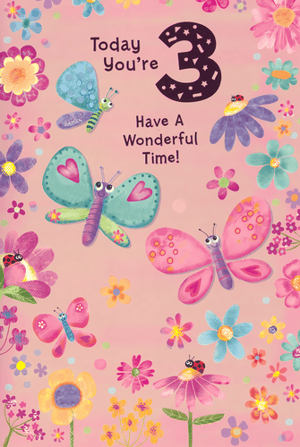 Celebrate a special little one's third birthday with this delightful card from Simon Elvin! Designed specifically for an Age 3 Female, this charming card features a vibrant array of colourful butterflies, cheerful flowers, and cute ladybugs, all set against a lovely pink background. The playful design and warm message, "Today You're 3 Have A Wonderful Time!", make it the perfect way to send birthday wishes. Each pack contains 6 of these beautiful cards, ensuring you're well-stocked for those important milestones. Add a touch of joy to your retail offering with this adorable birthday card!