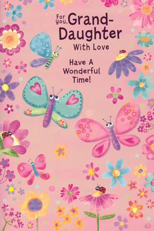 Brighten your granddaughter's day with this enchanting greeting card! Adorned with a vibrant array of cheerful flowers, whimsical butterflies, and tiny ladybirds, its delightful design is bursting with colour and charm. The heartfelt message, 'For You, Grand-Daughter With Love Have A Wonderful Time!', makes it perfect for celebrating any special occasion. This beautiful card is sure to bring a wonderful smile to her face, letting her know just how much she's loved. From Simon Elvin, these lovely cards are available in a convenient pack of 6, ready to add a touch of joy to your retail offering.