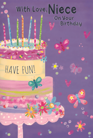 Celebrate your Niece's special day with this delightful birthday card from Simon Elvin! Featuring a vibrant, multi-tiered birthday cake adorned with colourful candles, sprinkles, and cheerful flowers, it's sure to bring a smile to her face. Playful butterflies and hearts flutter across the bright purple background, adding to the festive feel. The sweet message 'With Love, Niece On Your Birthday' and the fun 'HAVE FUN!' on the cake perfectly capture the joy of the occasion. This charming card is ideal for wishing your Niece a truly memorable birthday. Available in a convenient pack of 6.