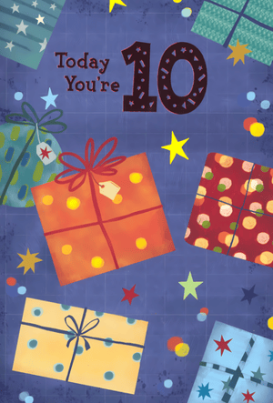 Celebrate a special 10th birthday with this vibrant card from Simon Elvin. Designed specifically for boys, this cheerful card features a playful "Today You're 10" message, prominently displayed amidst a flurry of colourful gift boxes and sparkling stars.
The rich blue background provides a perfect canvas for the bright orange, red, yellow, and green presents, each adorned with fun patterns like polka dots and stripes. Scattered confetti and stars add an extra touch of festive joy.
Perfect for retailers, this delightful card comes in a convenient pack of 6. Offer your customers a charming way to mark a milestone birthday!