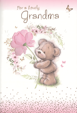 Delight your customers with this charming 'Grandma' card from Simon Elvin. Perfect for showing appreciation, this sweet design features an adorable teddy bear lovingly presenting a beautiful pink flower. Delicate floral accents and graceful butterflies frame the scene, all set against a soft pink and white background with subtle sparkling details. The heartfelt message 'For a Lovely Grandma' makes it ideal for birthdays, Mother's Day, or simply to brighten her day. Stock up on this popular design, available in a convenient pack of 6, and help your customers celebrate their wonderful grandmas.