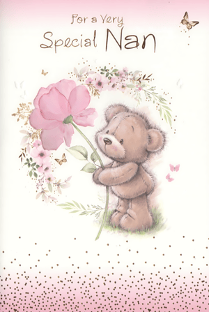 Show your Nan just how special she is with this absolutely charming greeting card from Simon Elvin. Featuring an irresistibly cute teddy bear tenderly holding a beautiful pink flower, surrounded by delicate floral accents and fluttering butterflies, this design radiates warmth and affection.
The heartfelt message, 'For a Very Special Nan,' is beautifully scripted, making it the perfect way to convey your love and appreciation. With its soft pink hues and delightful details, this card is sure to bring a smile to any Nan's face. Available in a convenient pack of 6, it's an ideal choice for your retail offering.