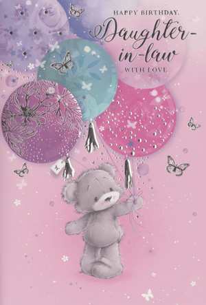 Celebrate a special daughter-in-law's birthday with this delightful card from Simon Elvin. An adorable teddy bear takes centre stage, gently holding a beautiful bunch of balloons in soft pink, purple, and teal. The balloons feature lovely metallic accents and intricate patterns, while delicate butterflies flutter around the elegant "Happy Birthday, Daughter-in-law WITH LOVE" message. This charming design offers a sweet and heartfelt way to show appreciation. Its gentle colours and thoughtful details make it a wonderful choice for any retailer's collection. Available in a convenient pack of 6, ensuring you're well-stocked for those important occasions.