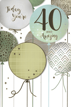 Help your customers celebrate a landmark 40th birthday in style with this fantastic card from Simon Elvin. Designed with a discerning male recipient in mind, it features an attractive array of balloons in sophisticated shades of green, grey, and teal. The prominent '40 AND Amazing' message is beautifully complemented by modern patterns and subtle textures, creating a truly special greeting. This eye-catching design is sure to make any 40th birthday feel extra special. Available in a convenient 1x6 pack, it's a must-have for your card selection.