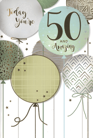 Celebrate a milestone 50th birthday in style with this elegant card from Simon Elvin. Perfect for the discerning male, this card features a sophisticated design of balloons in a contemporary palette of greens, greys, and whites. Each balloon boasts unique patterns, from subtle geometrics to stylish waves, creating a truly eye-catching look. The prominent '50 AND Amazing' message, alongside 'Today You're', is beautifully highlighted, adding a special touch to the occasion. Scattered stars complete this refined design, making it an ideal choice for marking such a significant birthday. Available in a convenient pack of 6, ensuring you're well-stocked for your customers.