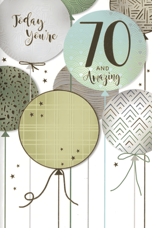Celebrate a special 70th birthday in style with this elegant greeting card from Simon Elvin. Designed specifically for a male recipient, this card features a sophisticated array of balloons in muted tones of sage green, light blue, and cream, adorned with tasteful geometric patterns and shimmering gold accents. The prominent '70' takes centre stage, accompanied by the heartfelt message 'Today You're 70 AND Amazing' in a charming script. Scattered stars add a touch of celebratory sparkle. Perfect for marking a significant milestone, this card offers a refined and memorable way to send best wishes.
Product Name: Age 70 Male
Pack Size: 1x6
Supplier: Simon Elvin