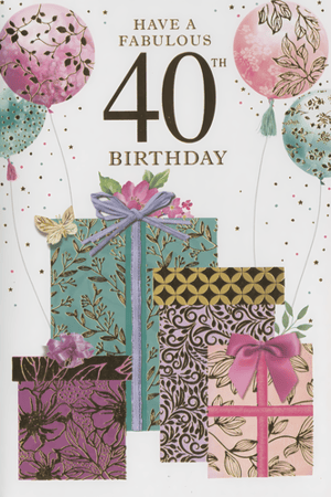 Celebrate a milestone 40th birthday in style with this exquisite card! Adorned with elegant balloons in soft pink and teal, featuring delicate floral patterns, it sets a truly fabulous tone. A delightful stack of beautifully wrapped gifts in complementary colours like rich purple, teal, and blush pink, complete with intricate designs and charming bows, adds to the celebratory feel. Scattered confetti and a sweet butterfly enhance the festive design. This card is perfect for making any special woman feel cherished on her big day. From Simon Elvin, this design comes in a convenient pack of 6.