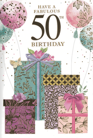 Celebrate a milestone 50th birthday in style with this gorgeous card from Simon Elvin. Featuring an elegant "Have a Fabulous 50th Birthday" message, the design is adorned with beautifully illustrated balloons in soft pinks and teals, boasting delicate floral and leaf patterns. A delightful array of exquisitely wrapped gifts, each with unique and sophisticated designs in rich purples, greens, and pinks, adds a touch of luxury. Gold accents and subtle confetti complete this celebratory scene. Perfect for a special woman, this card offers a truly memorable way to mark her big day. Available in a convenient pack of 6.