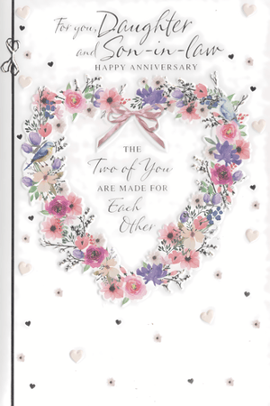 Celebrate enduring love with our beautiful Daughter & Son In Law Anniversary card, part of the Simon Elvin collection. This charming card features a delightful heart-shaped floral wreath, bursting with soft pinks, purples, and blues, accented by lush green foliage and a sweet little bird.
The heartfelt message reads: "For you, Daughter and Son-in-law, HAPPY ANNIVERSARY. THE Two of You ARE MADE FOR Each Other," making it a truly special way to mark their milestone. Delicate heart and star embellishments add a touch of elegance.
Perfect for retailers looking to offer high-quality, sentimental anniversary cards. Available in a convenient pack size of 1x6. Stock up on this lovely design today!