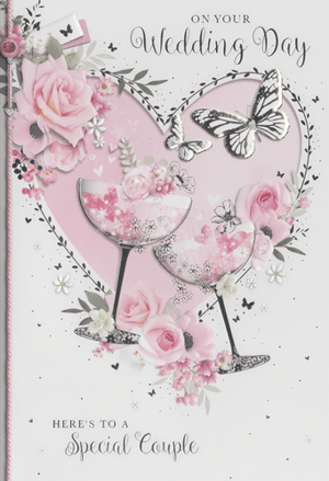 Celebrate the happy couple with this exquisite 'Wedding Day' card from Simon Elvin. Designed with a delicate touch, this beautiful card features a charming pink heart motif, adorned with elegant roses and pretty floral arrangements. Two sparkling champagne glasses, brimming with celebratory confetti, take centre stage, surrounded by graceful butterflies that add a touch of enchantment. The heartfelt message "ON YOUR Wedding Day" and "HERE'S TO A Special Couple" perfectly convey warm wishes. Each pack contains 6 of these lovely cards, making them an ideal choice for your retail display. A truly memorable way to mark their special day.