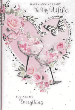 Celebrate enduring love with this beautiful Wife Wedding Anniversary card from Simon Elvin. This exquisite design captures romance with its delicate heart motif, adorned with lush pink roses and elegant butterflies. Two sparkling champagne glasses, brimming with glitter and tiny flowers, add a touch of celebratory charm. The heartfelt messages, "HAPPY ANNIVERSARY To My Wife" and "YOU ARE MY Everything," convey deep affection, making it a truly special choice. With its soft colour palette and intricate details, this card is designed to make any wife feel cherished on her anniversary. Stock up with this popular design, available in a convenient pack of 6.