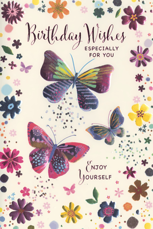 Celebrate special birthdays with this delightful Open Birthday Female card from Simon Elvin. Adorned with vibrant, colourful butterflies and an array of charming floral designs, this card exudes joy and warmth. The elegant 'Birthday Wishes ESPECIALLY FOR YOU' message, paired with the cheerful 'ENJOY YOURSELF', makes it a perfect choice for sending heartfelt greetings. Its eye-catching design and celebratory feel will surely brighten anyone's day. Ideal for retailers seeking quality, beautiful cards, this product comes in a convenient pack of 6, ensuring you're always well-stocked for your customers' needs.
