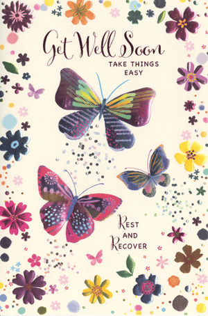Offer heartfelt support with our Get Well Female card, designed to bring comfort and cheer. This lovely card showcases three colourful butterflies, their wings featuring a mix of vibrant hues and delicate patterns, gracefully fluttering amidst a collection of pretty flowers. The thoughtful messages "Get Well Soon," "Take Things Easy," and "Rest and Recover" are beautifully presented, offering gentle encouragement. Subtle scattered details add a touch of visual interest. From Simon Elvin, these cards are supplied in a convenient pack of 6, making them ideal for retailers looking to provide a caring option for their customers. A wonderful way to send positive thoughts.