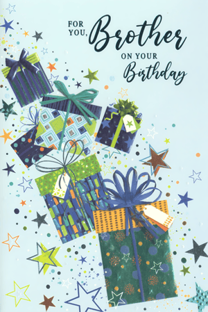 Make your brother's birthday extra special with this delightful card from Simon Elvin. Adorned with a cascade of beautifully wrapped presents in a mix of modern patterns and vibrant colours, this card instantly conveys celebration. Scattered stars and confetti dots add a festive touch to the light blue backdrop. The elegant script and serif text clearly state 'FOR YOU, Brother ON YOUR Birthday', making it a warm and personal greeting. Perfect for any retail setting, this eye-catching design is sure to appeal to customers looking for a thoughtful card. Available in a convenient pack of 6, ensuring your shelves are always stocked.