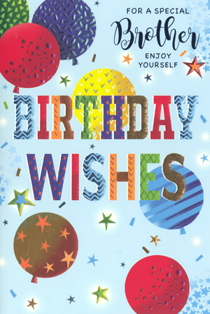 Make your brother's birthday extra special with this vibrant card from Simon Elvin. Part of our 'Brother' range, this cheerful design features an array of colourful balloons, sparkling stars, and playful confetti, all set against a bright blue background. The bold, patterned "BIRTHDAY WISHES" lettering adds a fun touch, while the message "FOR A SPECIAL Brother ENJOY YOURSELF" conveys heartfelt sentiment. Perfect for your retail display, these eye-catching cards come in a convenient pack of 6. Offer your customers a brilliant way to celebrate their brothers with this delightful design.