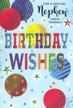 Celebrate your special nephew's birthday with this vibrant and fun card from Simon Elvin! Set against a cheerful light blue background, it features an array of colourful, patterned balloons, sparkling stars, and playful confetti. The prominent 'BIRTHDAY WISHES' message truly pops with its eye-catching, multi-patterned letters. This delightful card is perfect for letting your nephew know how much you care and wishing him a fantastic day. Available in a convenient pack of 6, ensuring you're always prepared for those important family celebrations. Make his birthday extra special!