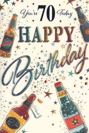 Celebrate a milestone 70th birthday with this fantastic Age 70 Male card from Simon Elvin. This vibrant design features stylish illustrations of beer bottles, sparkling stars, and colourful confetti, creating a truly festive feel. The eye-catching foiled lettering for "70 HAPPY Birthday" adds a premium touch, making this card stand out on any display. Perfect for sons, fathers, uncles, or friends, it's an ideal choice for wishing someone a very Happy Birthday. Stock up your shelves with this popular design, available in a convenient pack of 6.