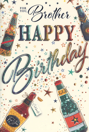 Help your customers celebrate their brothers in style with this vibrant birthday card from Simon Elvin. The design features a festive array of colourful, illustrated bottles, sparkling stars, and confetti, creating a cheerful and modern feel. The prominent 'FOR YOU, Brother HAPPY BIRTHDAY' message is beautifully highlighted with eye-catching metallic or foil lettering, adding a touch of premium appeal. This card is perfect for conveying warm wishes on a special day. Available in a convenient 1x6 pack, it's a fantastic addition to your greeting card selection, ready to delight your customers.