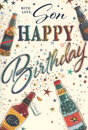 Make your Son's birthday extra special with this eye-catching card from Simon Elvin. Designed with a modern, celebratory feel, it features an array of stylish craft drink bottles, scattered stars, and colourful confetti. The prominent "Son HAPPY Birthday" message shines with a beautiful metallic finish, adding a touch of luxury. Thoughtful details like the "For You" and "Celebrate" tags on the bottles enhance its charm. This vibrant card is perfect for sons of all ages, offering a fun and heartfelt way to send your best wishes. Available in a convenient pack of 6, it's an ideal addition to your greeting card selection.