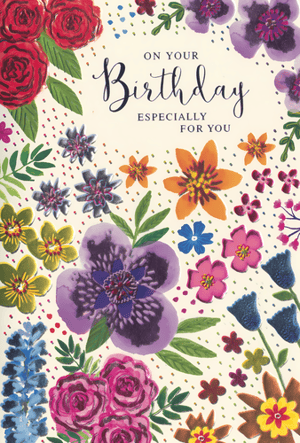 Brighten her special day with this exquisite 'Open Birthday Female' card from Simon Elvin. Bursting with a vibrant array of beautifully illustrated flowers in a kaleidoscope of colours, this card is designed to bring joy and warmth. The charming floral artwork, featuring everything from rich red roses to delicate purple blooms, is set against a subtle dotted background, creating a truly eye-catching design. With the heartfelt message 'ON YOUR Birthday ESPECIALLY FOR YOU', it's the perfect way to show you care. Each card is a celebration of colour and thoughtfulness, making it an ideal choice for any female recipient. Available in a convenient pack of 6.