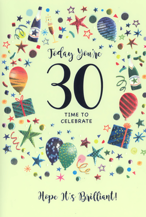 Celebrate a landmark 30th birthday with this wonderfully vibrant card from Simon Elvin! This festive design is bursting with colourful confetti, sparkling stars, cheerful balloons, and celebratory champagne imagery. The prominent '30' takes centre stage, beautifully framed by the uplifting messages: "Today You're 30, Time To Celebrate" and "Hope It's Brilliant!". Its bright and joyful artwork makes it the perfect choice for marking this special milestone. Designed to bring a smile, this card is ideal for anyone celebrating their thirtieth. Stock up with ease, as these delightful cards are available in convenient packs of 6.