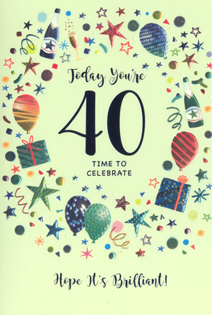 Celebrate a milestone 40th birthday with this vibrant and festive card from Simon Elvin. Designed with a lively array of balloons, sparkling stars, confetti, and champagne, it perfectly captures the joy of turning forty. The cheerful message, 'Today You're 40 Time To Celebrate Hope It's Brilliant!', makes it an ideal choice for wishing him a truly special day. This eye-catching card is sure to stand out on any display. Available in a convenient pack of 6, it's a brilliant addition to your greeting card selection for those important male birthdays.