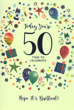 Help your customers celebrate a momentous milestone with this vibrant Age 50 Male birthday card from Simon Elvin. Designed to bring joy, this eye-catching card features a lively array of celebratory elements, including colourful balloons, sparkling champagne bottles, festive gift boxes, and an abundance of stars and confetti.
The cheerful design surrounds the prominent 'Today You're 50 TIME TO CELEBRATE' message, perfectly complemented by 'Hope It's Brilliant!'. Its bright and engaging artwork makes it an ideal choice for marking a special 50th birthday. Stock up on this fantastic design, available in a convenient pack of 6, and ensure your shelves are ready for those big birthday moments!