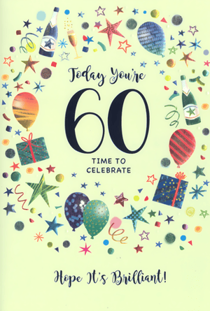 Celebrate a landmark 60th birthday with this vibrant and festive card from Simon Elvin. Designed specifically for him, this cheerful greeting features a delightful array of celebratory elements including sparkling champagne bottles, colourful balloons, shimmering stars, and confetti, all set against a bright, uplifting background.
The front reads 'Today You're 60 Time To Celebrate Hope It's Brilliant!', perfectly capturing the joy of this special milestone. With its modern yet timeless design, it’s the ideal way to send warm wishes. Available in a convenient pack of 6, it’s a brilliant addition to any card display, ready to help customers mark a momentous occasion.