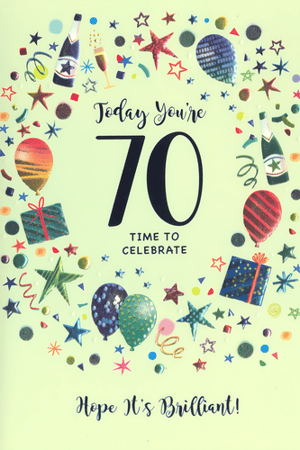 Make their 70th birthday truly special with this vibrant and celebratory card from Simon Elvin. Designed specifically for a milestone 70th, this card features a lively array of party essentials, including sparkling champagne bottles, colourful balloons, shimmering stars, and festive confetti, all set against a cheerful light green background.
The central message, 'Today You're 70, Time to Celebrate, Hope It's Brilliant!', perfectly captures the joy of the occasion. With its eye-catching design and premium finish, it's an ideal choice for a male recipient. Stock up with this convenient pack of six and ensure you have the perfect card for this significant birthday. A brilliant way to send your warmest wishes!