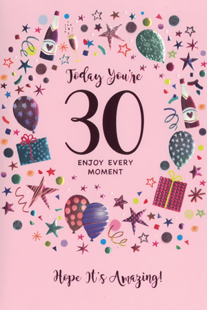 Help your customers celebrate a fabulous 30th birthday with this stunning female card from Simon Elvin. Set against a cheerful pink background, the design is a delightful burst of celebration, featuring champagne bottles, festive balloons, wrapped gifts, and shimmering stars. The bold "30" takes centre stage, complemented by heartfelt messages: "Today You're 30, Enjoy Every Moment, Hope It's Amazing!". With its vibrant colours and metallic accents, this card is sure to catch the eye. Supplied in a convenient pack of 6, it's an ideal choice for any retailer looking to offer a memorable birthday greeting.