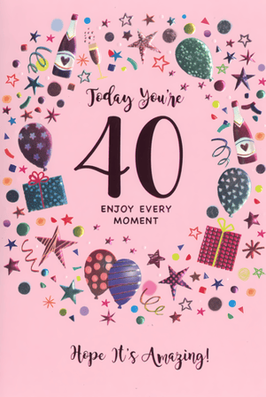Celebrate a milestone 40th birthday in style with this delightful card from Simon Elvin. Designed specifically for a female recipient, it features a vibrant pink background adorned with an array of shimmering stars, colourful balloons, festive champagne bottles, and sparkling gift boxes.
The prominent 'Today You're 40' message is beautifully complemented by 'Enjoy Every Moment' and 'Hope It's Amazing!'. This celebratory card is perfect for wishing someone a truly special day, full of joy and sparkle. Stock up on this popular design, available in a convenient pack of 6.