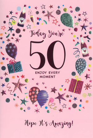Mark a special 50th birthday with this beautiful card, perfect for a female recipient. Set against a lovely pink background, the design bursts with celebratory charm. A vibrant circle of sparkling balloons, shimmering stars, elegant champagne bottles, and colourful confetti surrounds the prominent "50". Thoughtful messages like "Today You're 50, Enjoy Every Moment" and "Hope It's Amazing!" add a warm touch. This card is ideal for making a milestone birthday truly memorable. Supplied by Simon Elvin, each pack contains 6 cards, ready to bring joy to your customers.