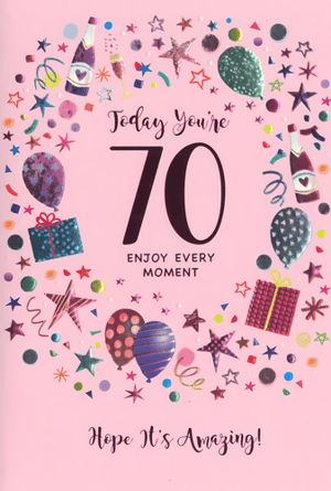 Help your customers celebrate a fabulous 70th birthday with this delightful card from Simon Elvin. Designed specifically for a female recipient, this vibrant card features a cheerful pink background adorned with sparkling balloons, shimmering stars, and celebratory champagne motifs. The elegant 'Today You're 70' message is beautifully complemented by foil accents, adding a touch of luxury and making it truly stand out. With additional wishes to 'Enjoy Every Moment' and 'Hope It's Amazing!', this card is perfect for conveying heartfelt congratulations. Stock up on these popular milestone cards, available in convenient packs of 6, to ensure your shelves are ready for every special occasion.