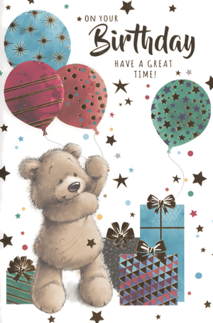 Celebrate his special day with this adorable 'Open Birthday Male' card from Simon Elvin! Featuring a charming teddy bear joyfully holding a bunch of colourful balloons, this card is sure to bring a smile. Surrounded by beautifully wrapped presents and a sprinkle of stars and confetti, it perfectly captures the excitement of a birthday. The message 'ON YOUR Birthday HAVE A GREAT TIME!' adds a warm, heartfelt touch. Each pack contains 6 cards, making it easy to stock up on this delightful design. A wonderful choice for any male birthday recipient, young or old!