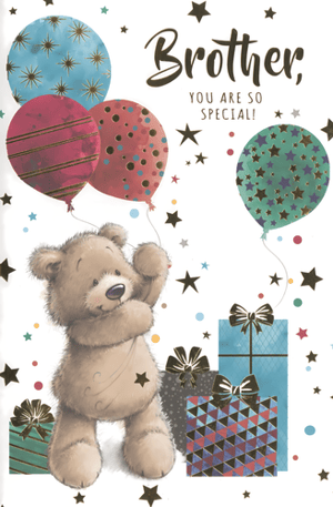 Celebrate your amazing brother with this adorable greeting card from Simon Elvin! This charming design features a sweet teddy bear joyfully holding a cluster of colourful balloons, surrounded by festive stars and beautifully wrapped gifts. The heartfelt message, "Brother, YOU ARE SO SPECIAL!", perfectly conveys warmth and affection.
Ideal for birthdays, special occasions, or just to show appreciation, this card is sure to bring a smile to any brother's face. Each pack contains 6 cards, making it easy to stock up on this delightful design. A truly special card for a truly special brother!