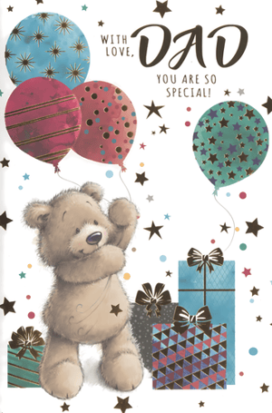 Celebrate Dad with this heartwarming greeting card from Simon Elvin. Featuring an adorable teddy bear holding colourful balloons, surrounded by festive gifts and sparkling stars, this card is sure to bring a smile to any father's face. The loving message, 'WITH LOVE, DAD YOU ARE SO SPECIAL!', perfectly expresses appreciation and affection. Ideal for birthdays, Father's Day, or simply to let Dad know how much he means to you. This charming design is printed on high-quality card stock, ensuring a premium feel. Available in a convenient pack of 6, making it easy to stock up on this popular choice for your customers.