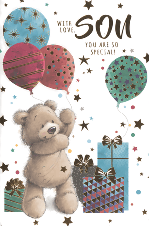 Show your son how special he is with this heartwarming greeting card from Simon Elvin. This delightful design features an adorable teddy bear cheerfully holding a vibrant cluster of balloons, surrounded by beautifully wrapped gifts and shimmering stars. The loving message, 'WITH LOVE, SON YOU ARE SO SPECIAL!', makes it perfect for birthdays, achievements, or just to say 'I love you'. Available in a convenient pack size of 1x6, these charming cards are an excellent addition to any retail collection, offering customers a truly sweet way to celebrate their son.