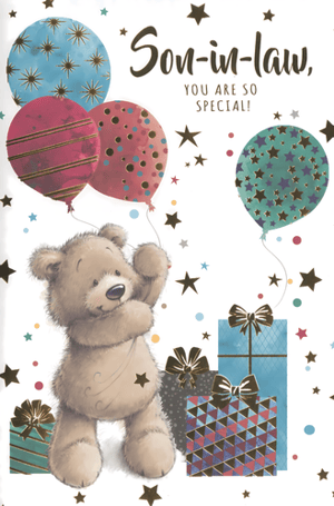 Show your Son-in-law just how special he is with this charming greeting card from Simon Elvin. Featuring an adorable teddy bear joyfully holding a cluster of colourful balloons, this card is bursting with celebratory cheer. The design is beautifully accented with scattered stars and confetti, alongside a stack of prettily wrapped gifts, all set against a crisp white background. The heartfelt message, 'Son-in-law, YOU ARE SO SPECIAL!', is prominently displayed in elegant script. Perfect for birthdays, anniversaries, or just to send a loving thought, this delightful card is sure to bring a smile. Each pack contains 6 cards, making it an ideal choice for your retail collection.