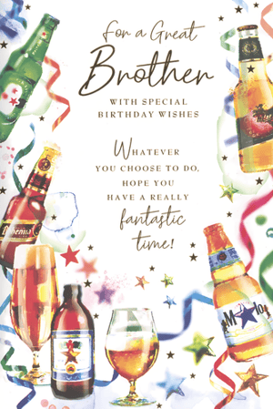 Celebrate your brother's special day with this fantastic birthday card from Simon Elvin! Featuring a vibrant design of assorted beer bottles and glasses, complete with festive ribbons and stars, it's the perfect choice for a brother who enjoys a good time. The heartfelt message reads: 'For a Great Brother, WITH SPECIAL BIRTHDAY WISHES. WHATEVER YOU CHOOSE TO DO, HOPE YOU HAVE A REALLY fantastic time!' This card perfectly captures the spirit of celebration. Available in a convenient pack of 6, ensuring you're always ready for those important family birthdays. A brilliant card to make any brother feel truly appreciated.