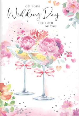 Help your customers celebrate a truly special occasion with our exquisite 'Wedding Day' card from Simon Elvin. This charming design features beautifully illustrated watercolour champagne flutes, adorned with delicate pink bows, overflowing with lush pink florals and celebratory bubbles. Soft hearts and a gentle colour palette create a wonderfully romantic and joyful feel, perfect for wishing a happy couple all the best. The heartfelt message 'On Your Wedding Day For Both Of You' completes this elegant card. Stock up with our convenient 1x6 pack, ensuring you have the perfect card for every wedding celebration.
