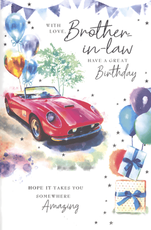 Celebrate your amazing Brother-in-Law's special day with this vibrant and stylish birthday card from Simon Elvin. Featuring a stunning watercolour illustration of a classic red convertible car, surrounded by colourful balloons and charming gift boxes, it's perfect for someone who loves adventure and style.
The heartfelt message, 'WITH LOVE, Brother in-law, HAVE A GREAT Birthday, HOPE IT TAKES YOU SOMEWHERE Amazing,' adds a personal touch. This eye-catching design is sure to make his birthday truly memorable. Available in a convenient pack of 6, ensuring you're always ready to send warm wishes.