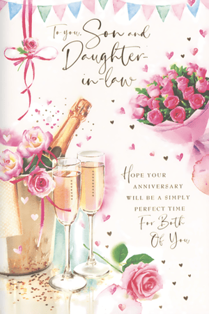 Help your customers celebrate a special milestone with this charming Son & Daughter In Law Anniversary card from Simon Elvin. The delightful design features elegant champagne flutes, a celebratory bottle, and beautiful pink roses, all adorned with sparkling confetti and hearts. The heartfelt message reads, "To you. Son and Daughter-in-law. Hope your Anniversary will be a simply perfect time for both of you." With its soft colour palette and sophisticated artwork, this card offers a lovely way to send warm wishes. Available in a convenient pack of 6, it's an excellent addition to your greeting card selection for those important family occasions.