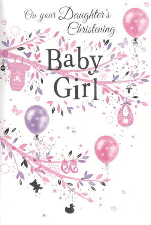 Celebrate a precious milestone with our delightful 'Christening Girl' card, brought to you by Simon Elvin. This charming design is perfect for congratulating parents on their daughter's special day.
Adorned with soft pink and lilac branches, the card features an array of adorable baby-themed illustrations. Sweet polka-dot balloons float alongside tiny booties, a babygrow, and a cute bib, all nestled amongst delicate butterflies, hearts, and stars. The elegant script announces "On your Daughter's Christening Baby Girl," making it a truly heartfelt choice.
Stock up on this beautiful card, available in a convenient pack size of 1x6, ensuring your customers have the perfect way to share their joy.