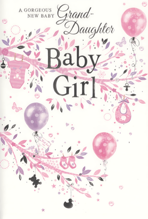 Celebrate the joyous arrival of a precious new granddaughter with this delightful greeting card. Adorned with a charming design, it features delicate tree branches in soft pink and purple hues, playfully decorated with adorable baby essentials. You'll find sweet illustrations of baby grows, tiny booties, bibs, and classic toys like a teddy bear and rubber duck, all complemented by cheerful polka-dot balloons and fluttering butterflies. The prominent 'Grand-Daughter Baby Girl' message makes it the perfect way to share congratulations. Supplied by Simon Elvin, this lovely card comes in a convenient pack of six, ensuring you're ready for those special family moments.