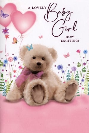 A card with a rocking horse to congratulate the parents on their baby girl.