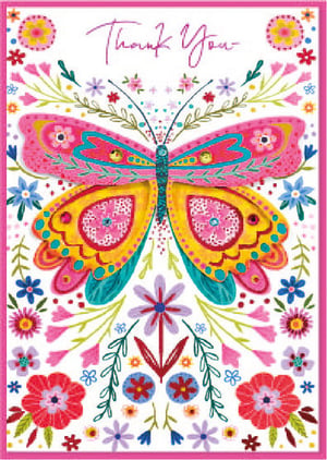 a thank you card with a colorful butterfly and flowers